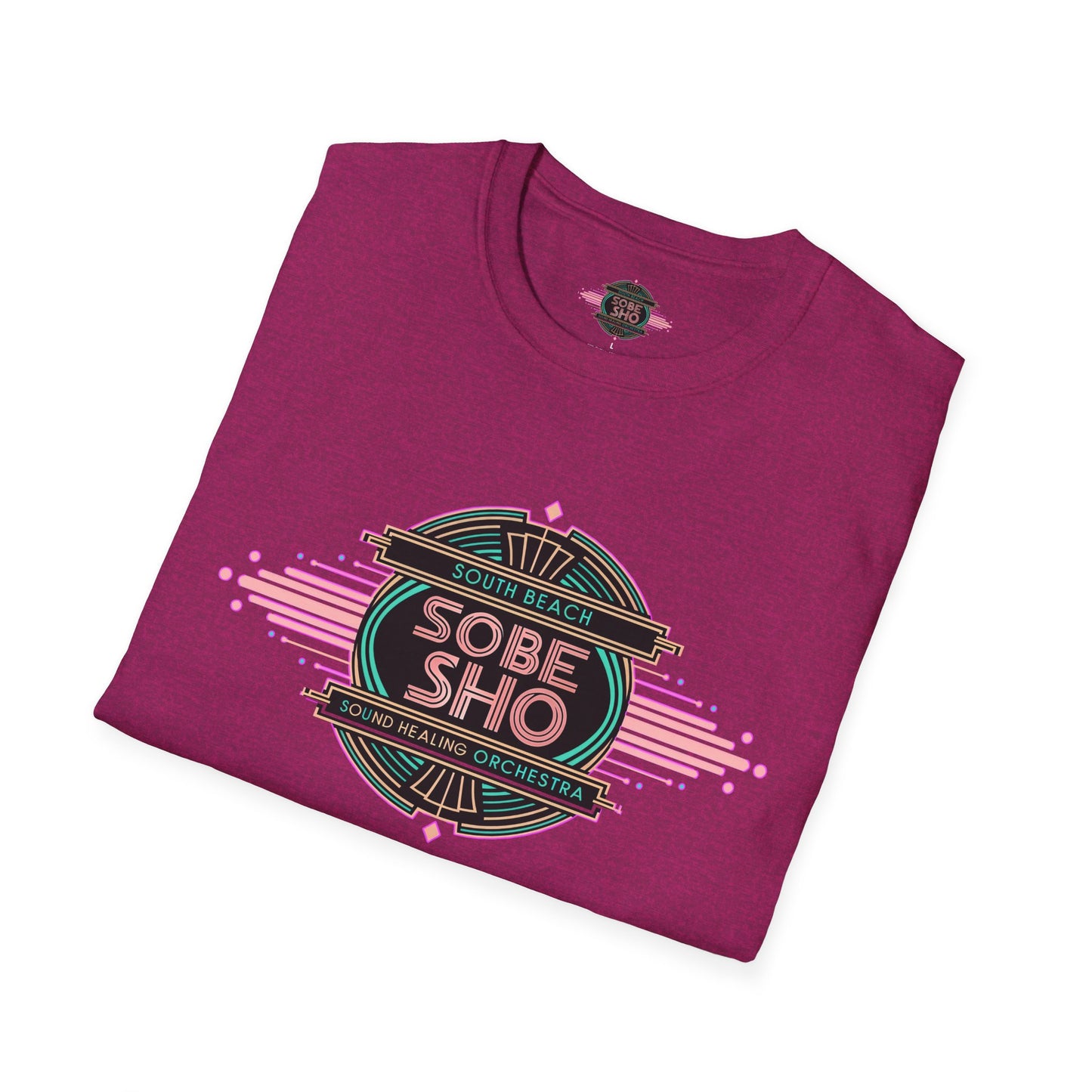 Retro Resonance  Unisex Softstyle T-Shirt, South Beach Sound Healing Orchestra x [dNASAb] merch, Mindful Graphic Tee for Beach Days, Sound Healing Vibes & Everyday Ease (front print only)