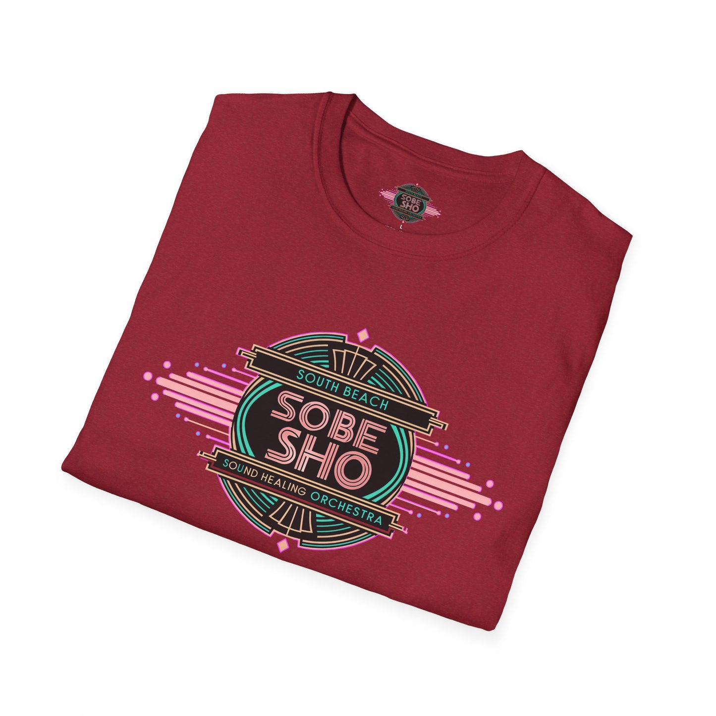 Retro Resonance  Unisex Softstyle T-Shirt, South Beach Sound Healing Orchestra x [dNASAb] merch, Mindful Graphic Tee for Beach Days, Sound Healing Vibes & Everyday Ease (front print only)