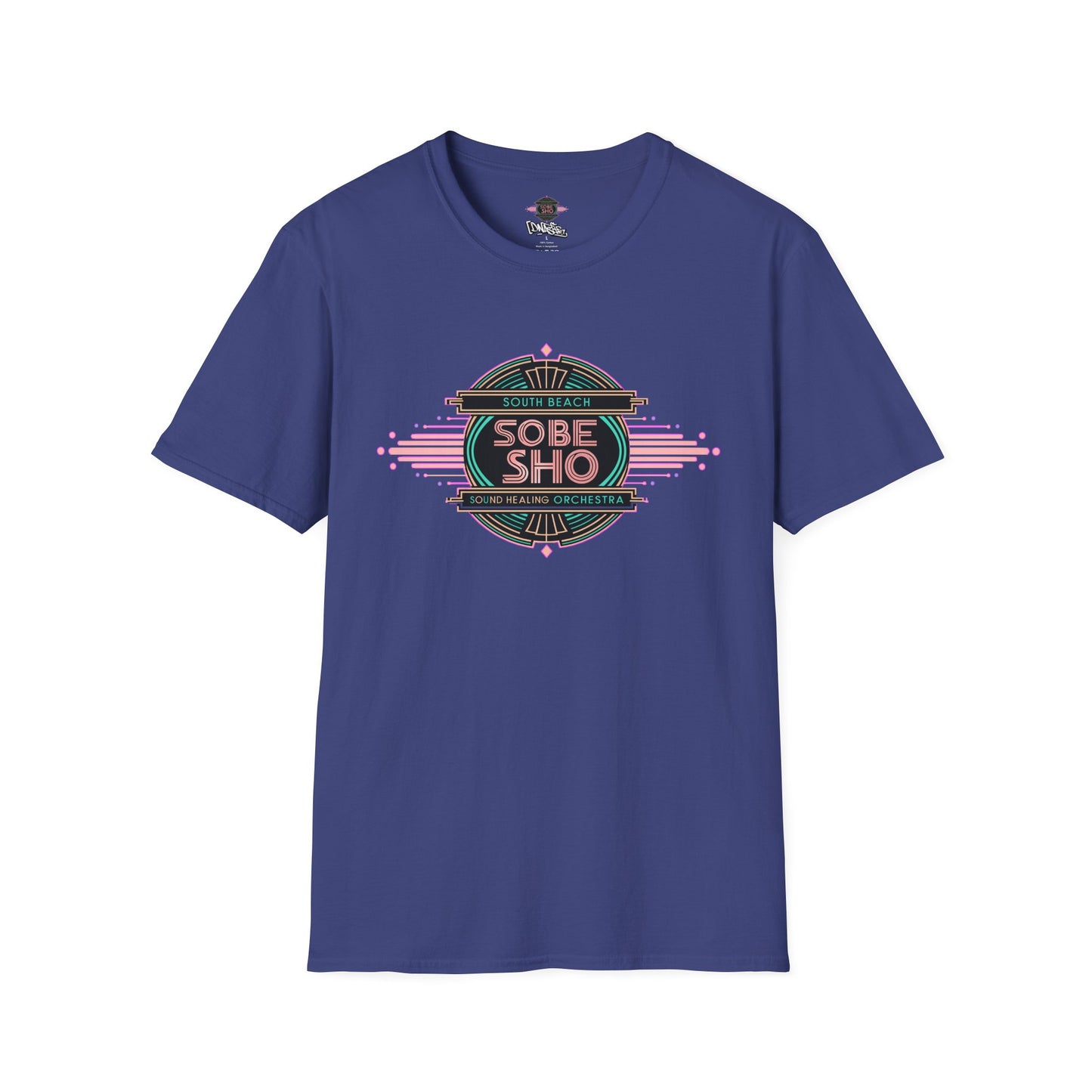 Retro Resonance Unisex Softstyle T-Shirt, South Beach Sound Healing Orchestra x [dNASAb] merch, Mindful Graphic Tee for Beach Days, Sound Healing Vibes [Front +Back Print]