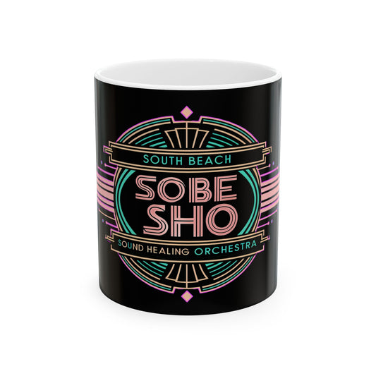 SoBe Sho Neon Art Deco Ceramic Mug — South Beach Sound Healing Orchestra (11oz, 15oz)