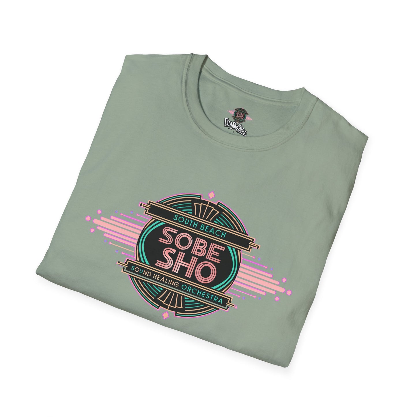 Retro Resonance Unisex Softstyle T-Shirt, South Beach Sound Healing Orchestra x [dNASAb] merch, Mindful Graphic Tee for Beach Days, Sound Healing Vibes [Front +Back Print]