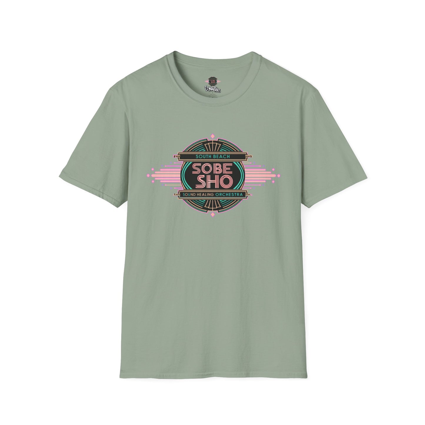 Retro Resonance Unisex Softstyle T-Shirt, South Beach Sound Healing Orchestra x [dNASAb] merch, Mindful Graphic Tee for Beach Days, Sound Healing Vibes [Front +Back Print]