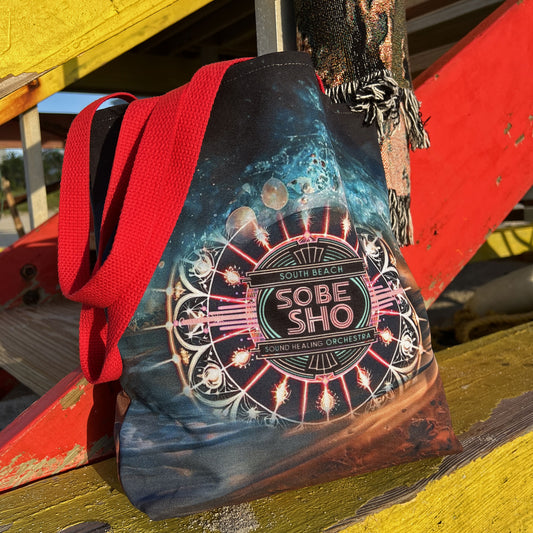 “Carry the Frequency” Vibrant Cosmic Tote Bag | AOP | South Beach Sound Healing Orchestra x [dNASAb] collection, Perfect for Everyday, Beach Days, Gifts, Shopping, Festivals