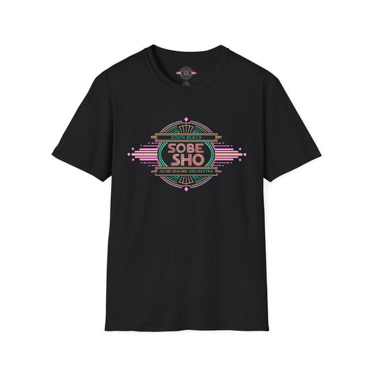 Retro Resonance  Unisex Softstyle T-Shirt, South Beach Sound Healing Orchestra x [dNASAb] merch, Mindful Graphic Tee for Beach Days, Sound Healing Vibes & Everyday Ease (front print only)