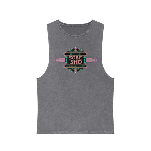 Sunwashed Flow Unisex Stonewash Tank Top, South Beach Sound Healing Orchestra x [dNASAb] collaboration,Breathable Beachwear for Sound Healing Sessions, Movement Practices [Front Print Only]