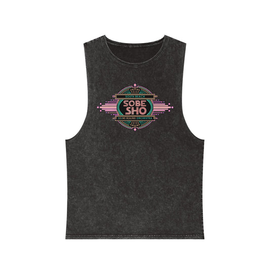 Sunwashed Flow Unisex Stonewash Tank Top, South Beach Sound Healing Orchestra x [dNASAb] collaboration,Breathable Beachwear for Sound Healing Sessions, Movement Practices [Front Print Only]