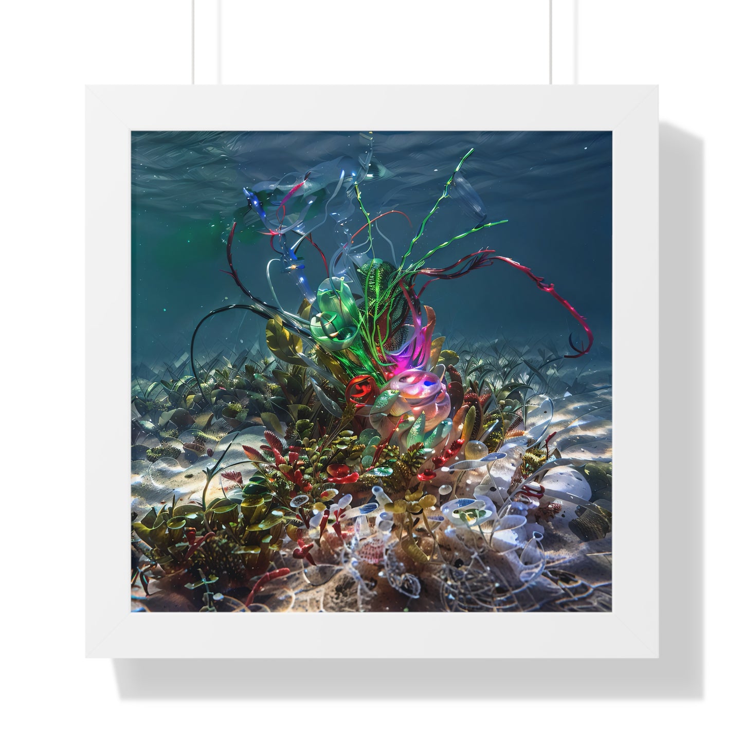 9_[dNASAb] “Faux Ecologies + Augmented Nature-verse #3A” (2024) – Framed Square Art Poster with Augmented Reality | AI-Trained Ocean Debris Sculpture Print