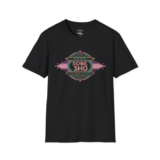 Retro Resonance Unisex Softstyle T-Shirt, South Beach Sound Healing Orchestra x [dNASAb] merch, Mindful Graphic Tee for Beach Days, Sound Healing Vibes [Front +Back Print]