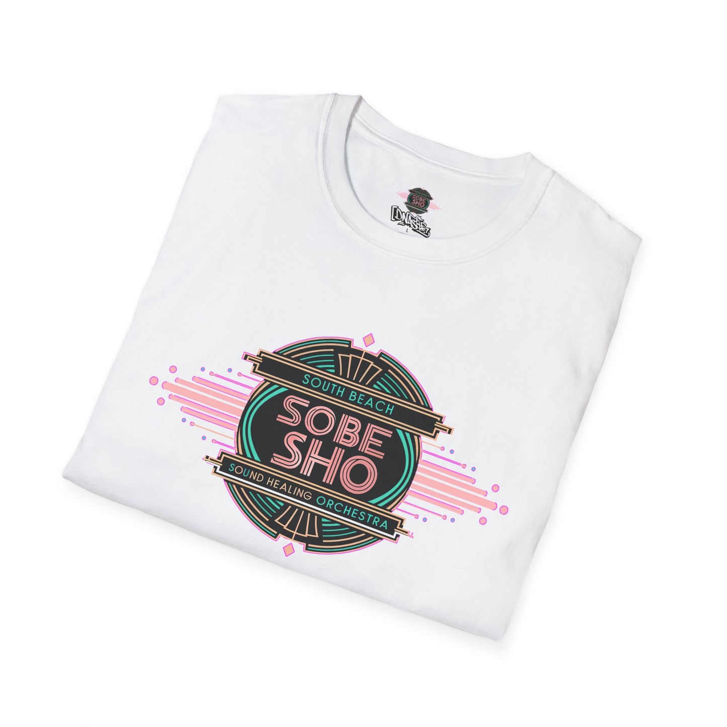 Retro Resonance Unisex Softstyle T-Shirt, South Beach Sound Healing Orchestra x [dNASAb] merch, Mindful Graphic Tee for Beach Days, Sound Healing Vibes [Front +Back Print]