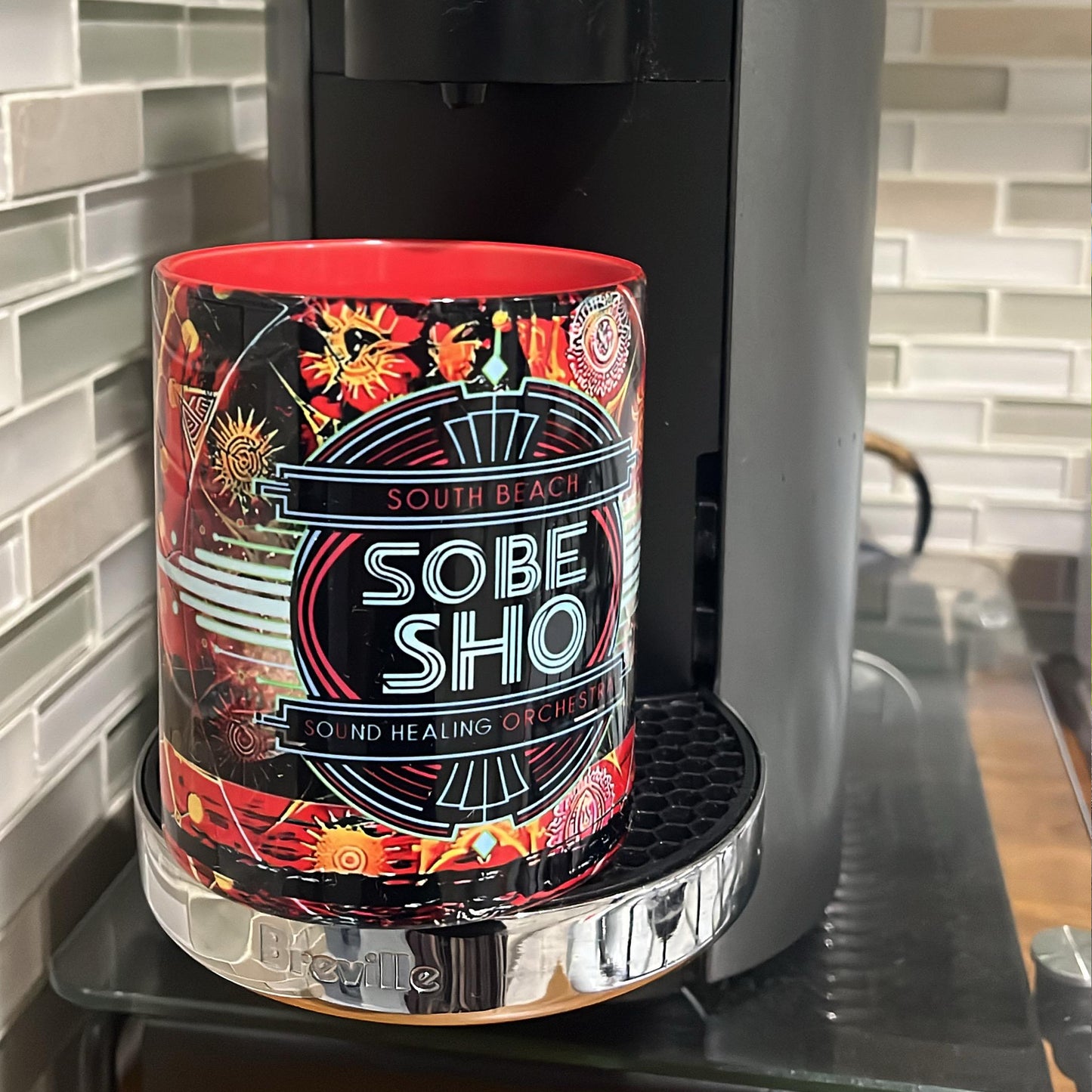 SoBe Sho Music Logo Accent Coffee Mug — Retro Neon South Beach Design