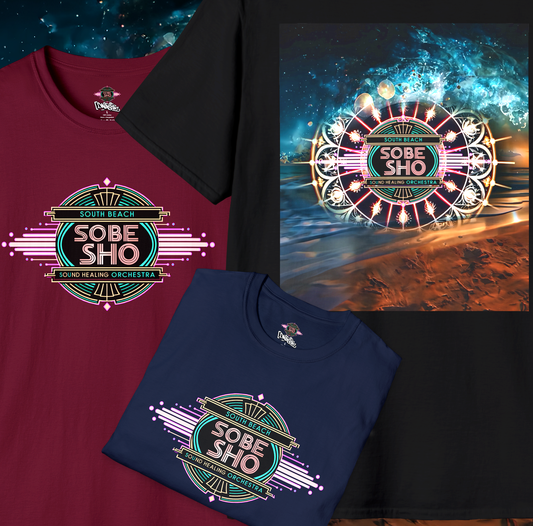 Retro Resonance Unisex Softstyle T-Shirt, South Beach Sound Healing Orchestra x [dNASAb] merch, Mindful Graphic Tee for Beach Days, Sound Healing Vibes [Front +Back Print]