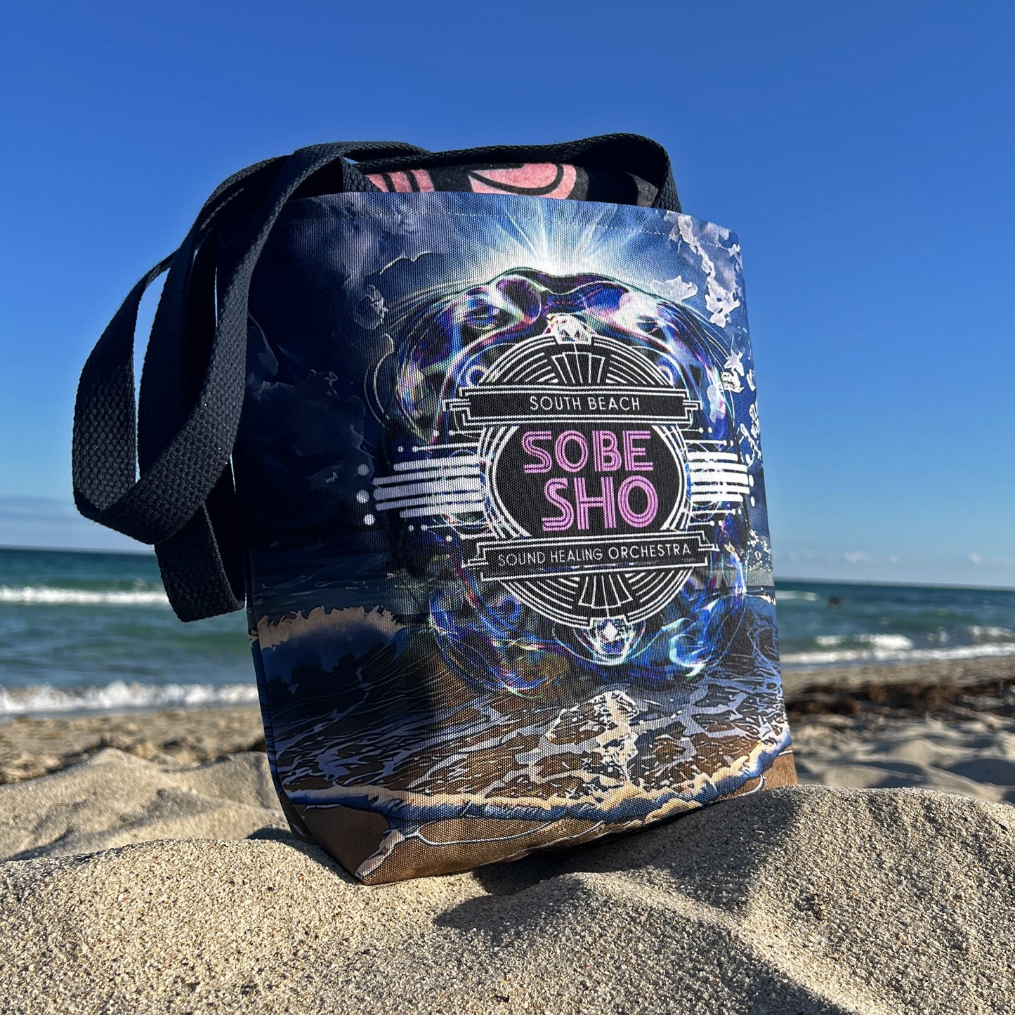 Sobe Sho Beach Wave Tote Bag — Neon Retro Logo All-Over Print