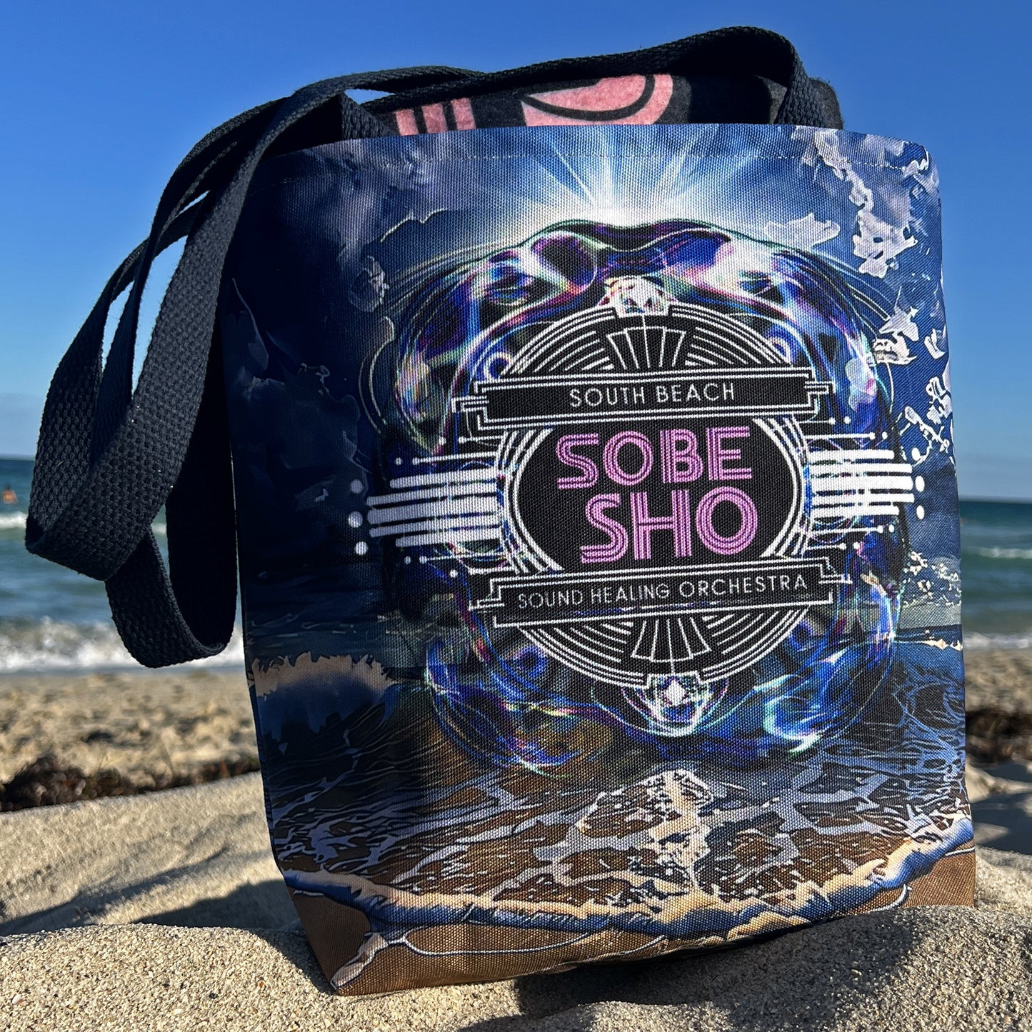 Sobe Sho Beach Wave Tote Bag — Neon Retro Logo All-Over Print