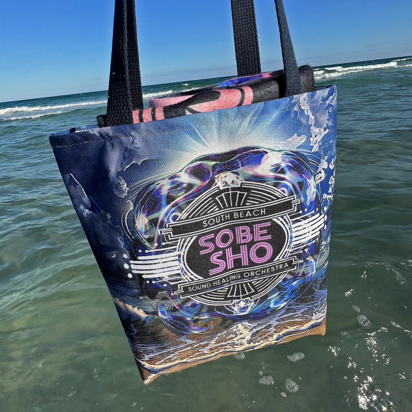 Sobe Sho Beach Wave Tote Bag — Neon Retro Logo All-Over Print